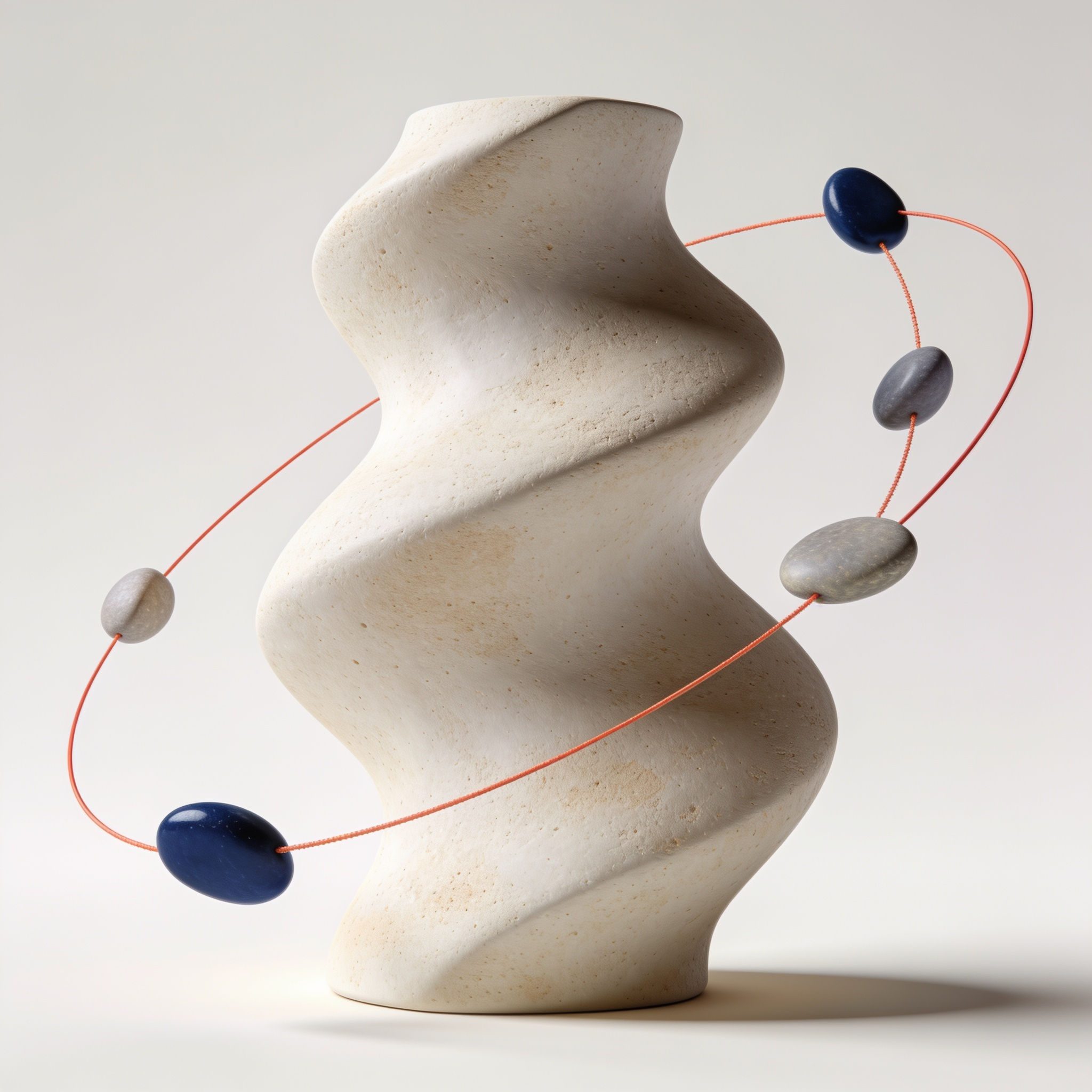 Sculptural form encircled by a coral thread linking pebble nodes